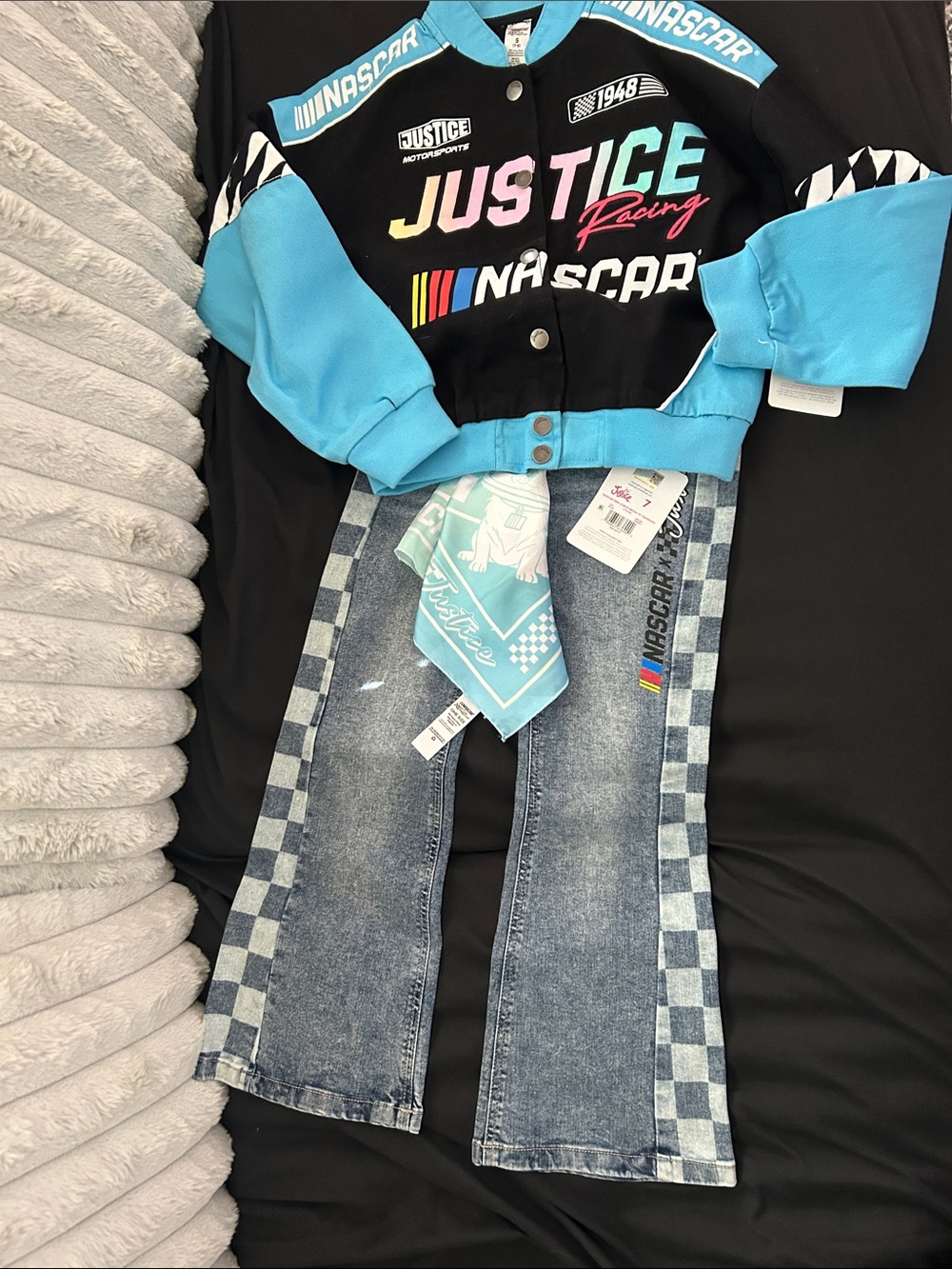 Justice Girls Racing Two-Piece Set Jean jacket and wide leg jeans nascar